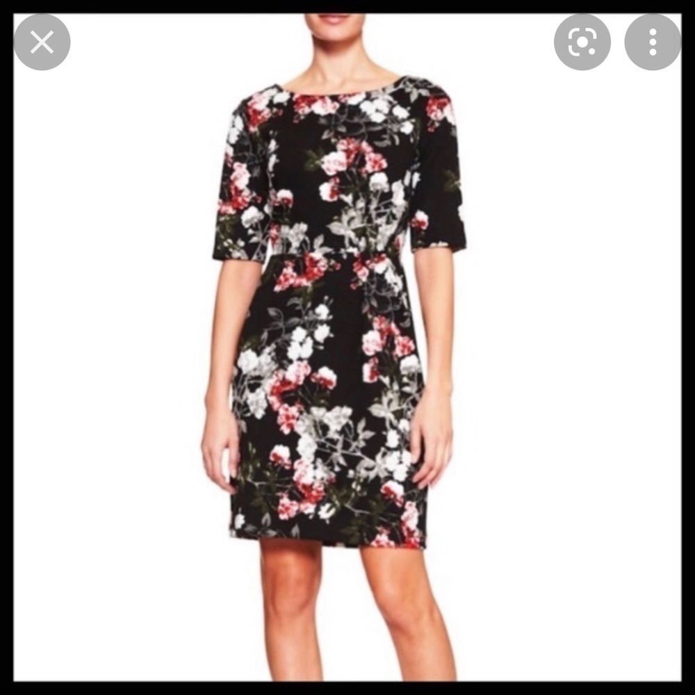 Banana Republic Black, White, Red Floral 3/4 sleeve Sheath Dress size 10 - Picture 1 of 4